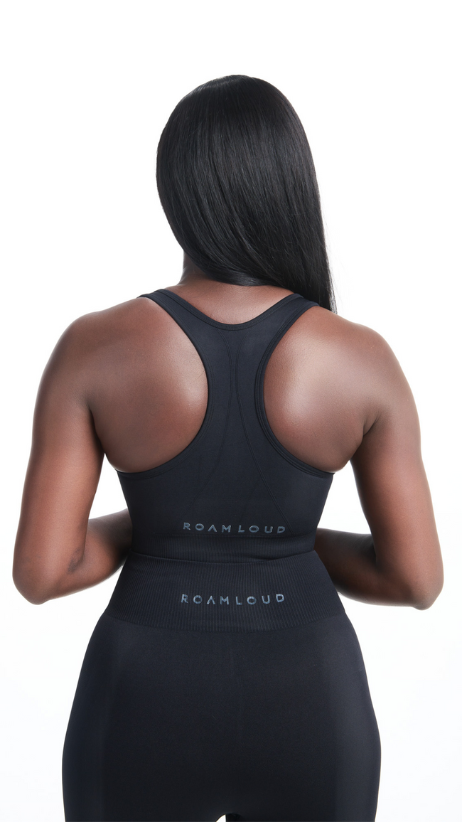 Back view of Black Shavo Seamless Bra. Bra has Roam Loud logo centered on back of bra.