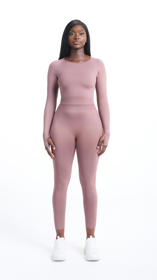 Full view of Woman wearing a Mauve Shavo Long Sleeved Top with matching Shavo legging
