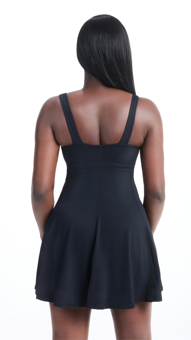 Back of Black Womens Active Tennis Dress Pockets