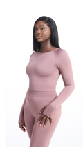Front view of Mauve Shavo Long Sleeve Top. Matching Mauve Shavo seamless legging pictured.