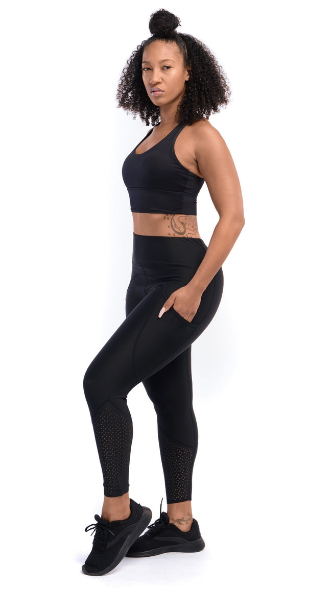 Side view of Ansa Top - Womens Black Sports Bra - Roam Loud