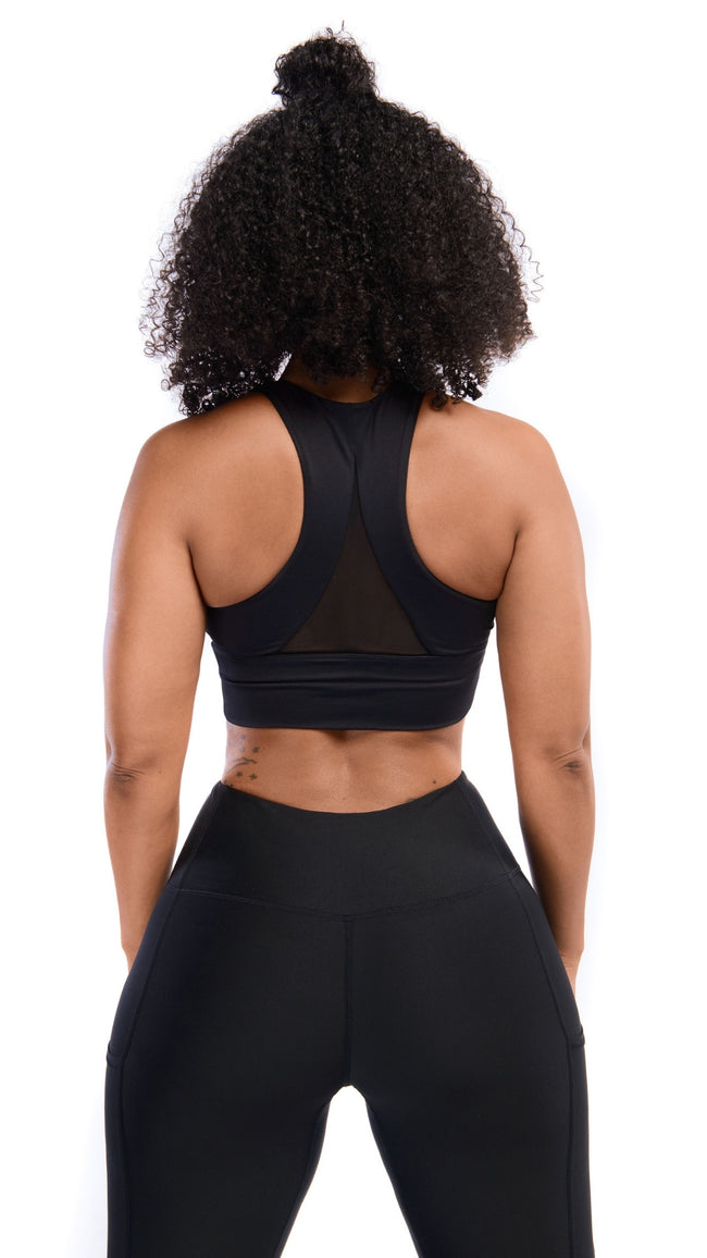 Back view Ansa Bra - Womens Black Sports Bra - Roam Loud
