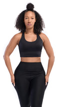 Front view of Ansa Top - Black Womens Sports Bra - Roam Loud