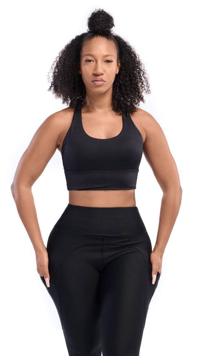 Front view of Ansa Top - Black Womens Sports Bra - Roam Loud
