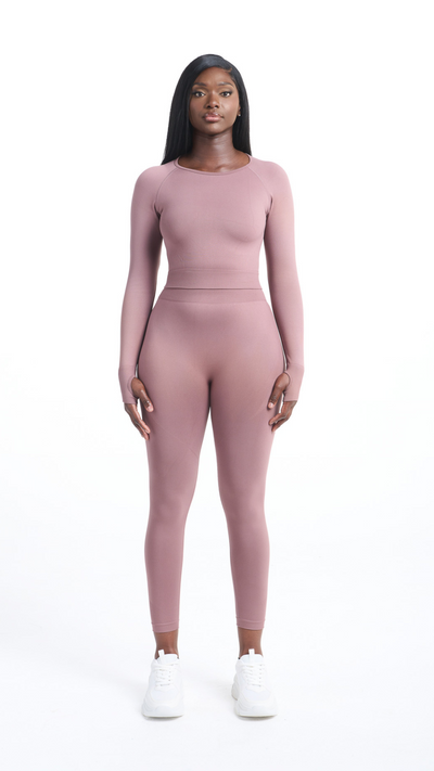 Full view of Woman wearing a Mauve Shavo Long Sleeved Top with matching Shavo legging
