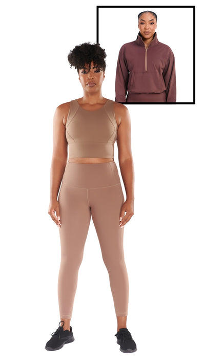 Woman wearing a brown athletic outfit with a close-up inset of a matching jacket.